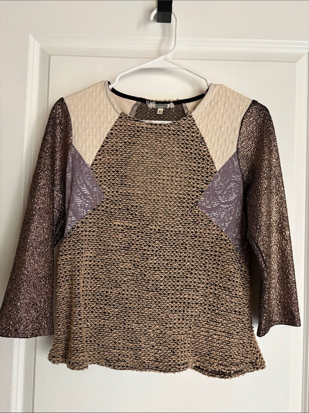 gimmicks by BKE Mixed-Texture Crewneck Top in Cream, Brown & Purple